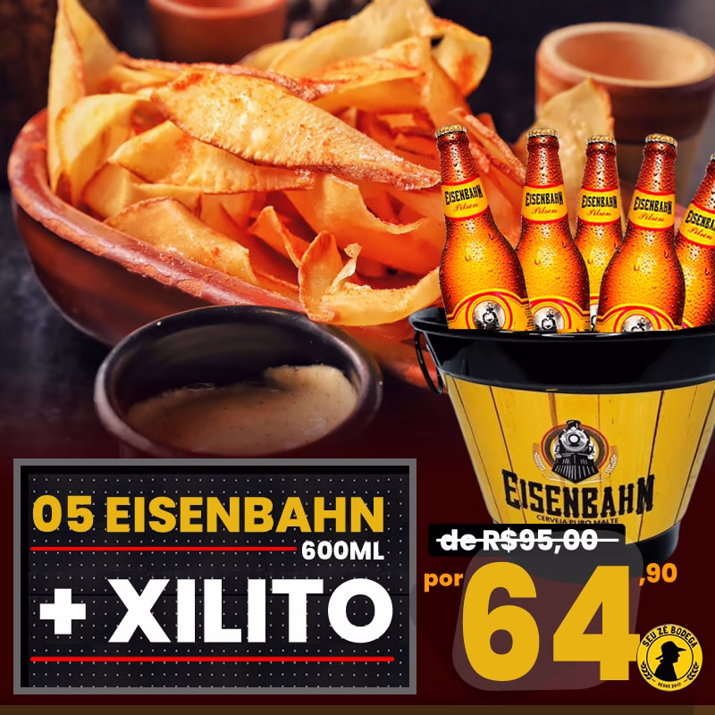 PROMOÇÃO COPO CHEIO - São 05 cervejas Eisenbahn 600ml mais Porção do Xilitos do Seu Zé de R$140,00 por R$64,90.